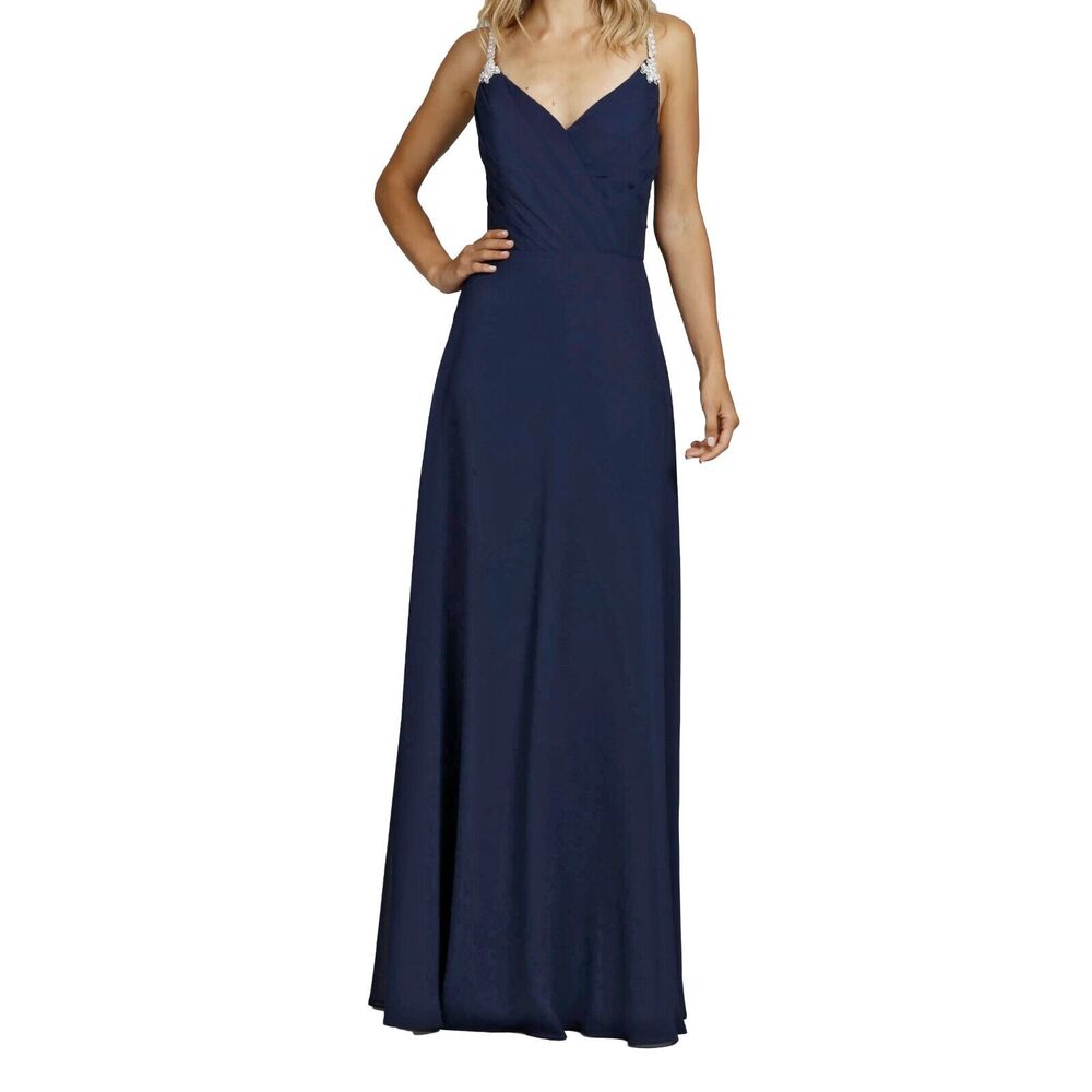 Hayley Paige Indigo Blue Chiffon Bridesmaid Dress Gown Size 10 Jeweled Straps